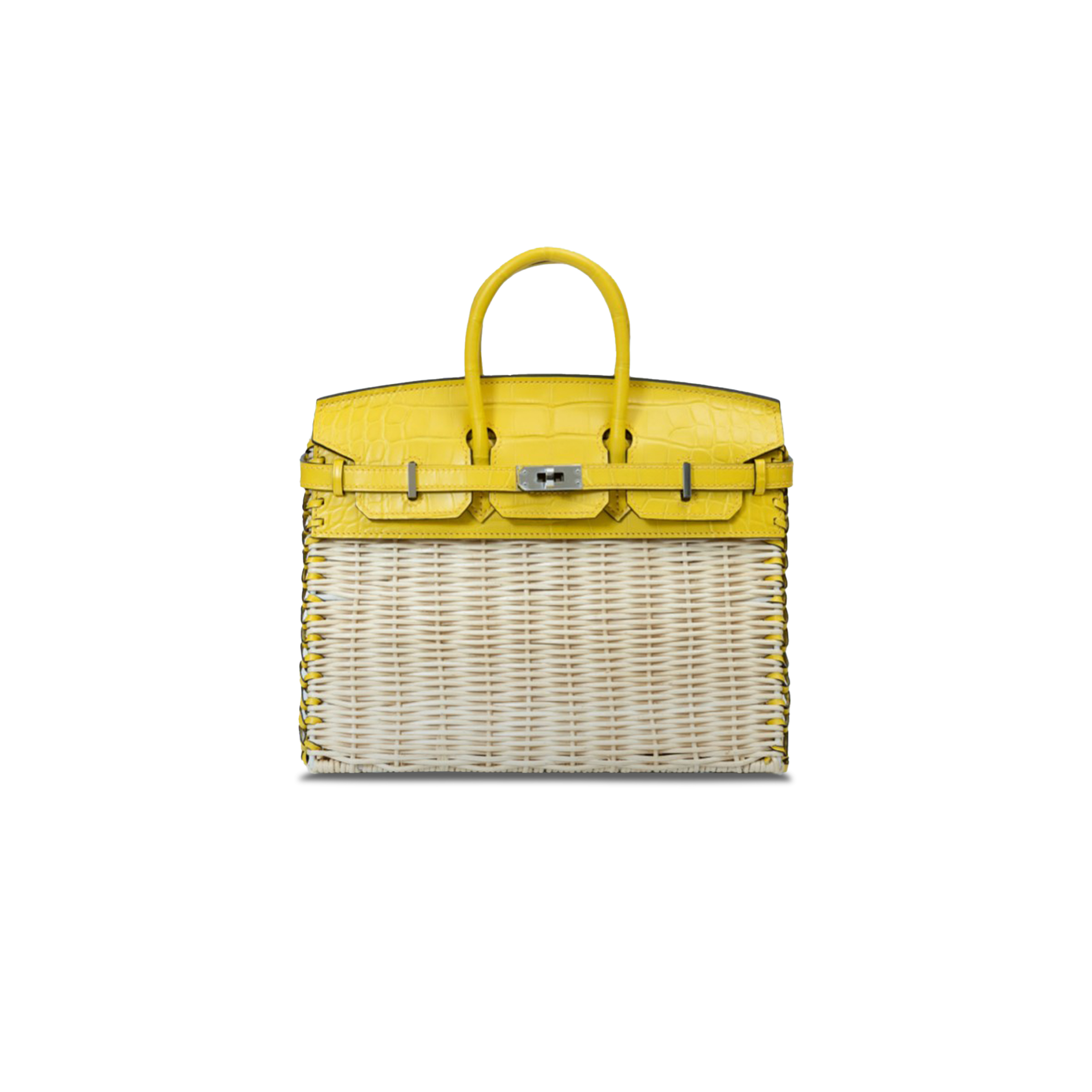 H**mes master birkin 25 picnic bag yellow crocodile leather and woven wicker bag h082668ck06 (25*20*13cm)